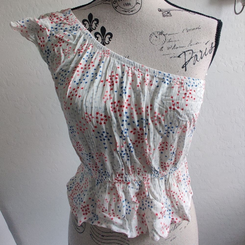 🆕 Pink Rose One shoulder White w/ red blue & pink patriotic stars Juniors top_S